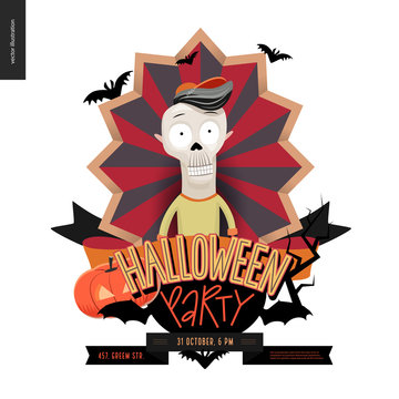 Halloween Party composed sign emblem invitation. Flat vectror cartoon illustrated design of a skeleton in center of striped shield, bats, pumpkin jack-o-lantern, ribbon, lettering