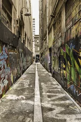 Fotobehang Gang Narrow lane vanishing into the distance with street art on walls  © crawford123brako