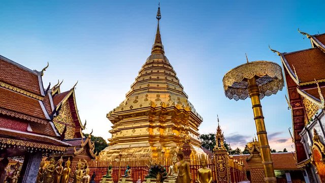 4K,Time lapse day to night, Pagoda at Doi Suthep temple the most famous landmark of Chiang mai province, Thailand.