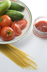 Fresh Red Tomatoes, Cucumbers and Pasta