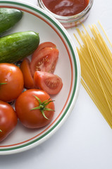 Fresh Red Tomatoes, Cucumbers, Pastas and Tomato Sauce