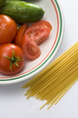 Spaghetti, Fresh Red Tomatoes and Cucumbers