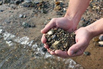 Male palms with damp river sand against a surface of the water