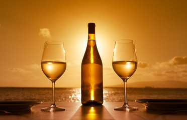 Pair of wine glasses on a cruise ship.