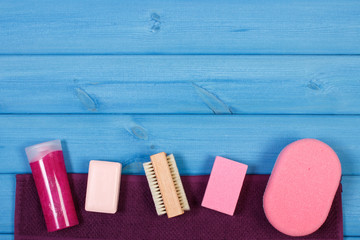 Accessories and cosmetics for personal hygiene in bathroom, concept of body care, copy space for text