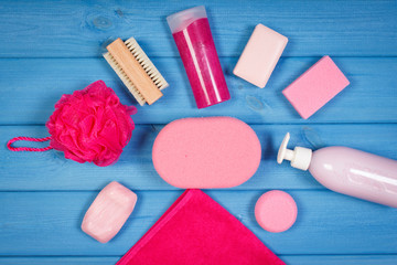 Accessories and cosmetics for personal hygiene in bathroom, concept of body care