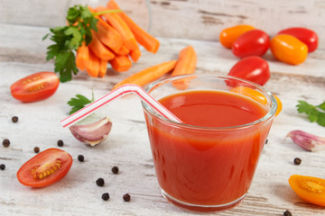 Tomato juice and vegetables with spices, healthy nutrition
