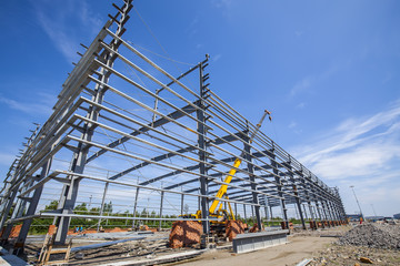 Construction site, steel frame structure is under construction