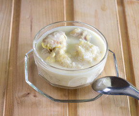 Durian with coconut milk sticky rice in glass bowl,  Popular tha