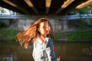 Woman on sidewalk in the city