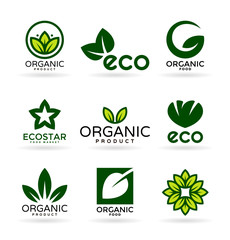 Eco food, organic products and ecology. Set of logo design elements (18)
