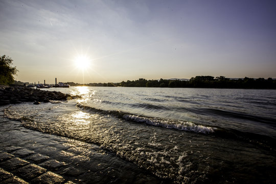 Sonnenuntergang am Ufer des Rheins in der N&auml;he von Mainz 