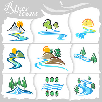 Rustic icons of streaming rivers and mountains
