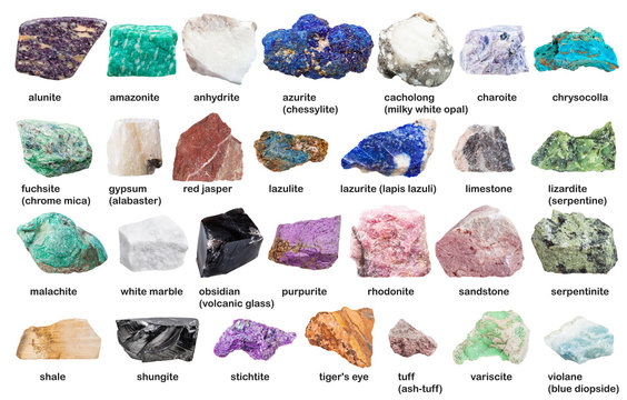 set from decorative gems and minerals with names