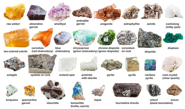various raw gemstones and crystals with names