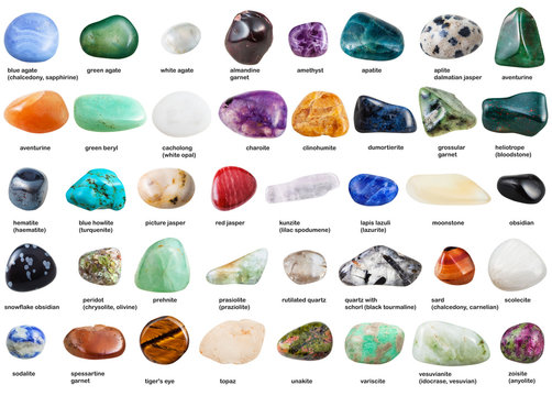 set of various tumbled gemstones with names