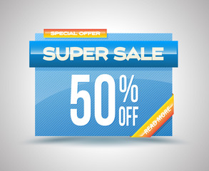 Sale vector banner template super sale 50% off. Abstract background. Discount design layout. Vector illustration.