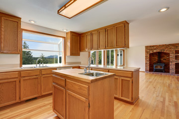 Kitchen room interior with wooden cabinets  and hardwood floor.