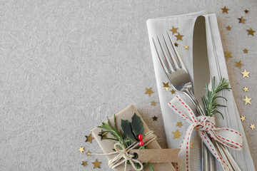 Christmas dinner table place setting, holidays copy space background