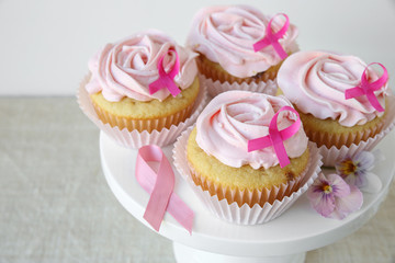 Rose flower cupcakes for pink ribbon day, Breast cancer awarenes