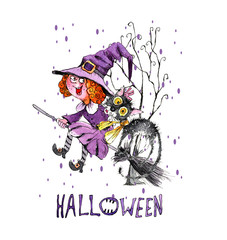 Little witch in purple dress.  Illustration about  Halloween. Image to print on fabric.