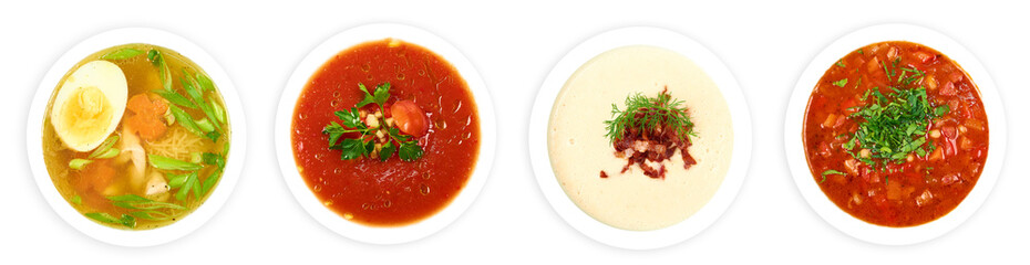 4 plates of fresh soups