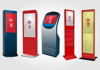 Set of Promotional Interactive Information Kiosk, Advertising Display, Terminal Stand, Touch Screen Display. Mock Up Template.