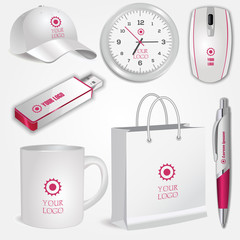 Blank realistic white cup, clock, shopping bag, pen, computer mouse, flash drive and baseball cap isolated on white vector. Display Mock up for corporate identity and promotion objects