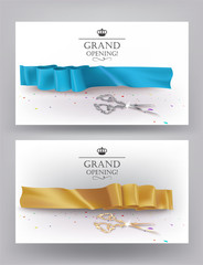 Grand opening cards with silk ribbons, confetti and silver scissors