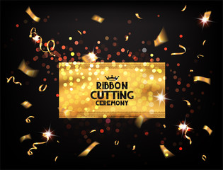 Ribbon cutting ceremony cards with piece of gold ribbon and flying confetti and ticker tapes