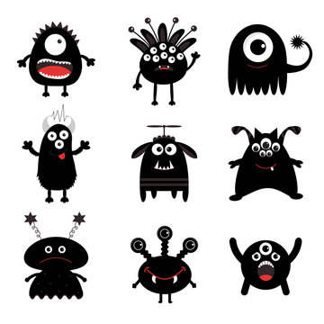 Black monster big set. Cute cartoon scary silhouette character. Baby collection. White background. Isolated. Happy Halloween card. Flat design.