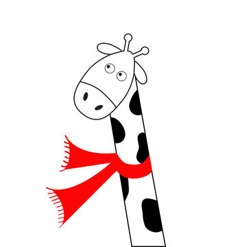 Cute cartoon black white giraffe wearing red scarf. Camelopard with long neck. Funny character. Happy animal. Flat design. Isolated.