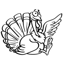 outline coloring cartoon turkey with a smile on white background