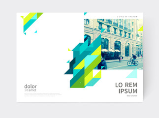 Minimalistic Brochure design. Annual report cover template. a4 size. Blue, yellow and green diagonal lines and triangles.