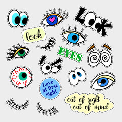 Fashion patch badges. Eyes set. Stickers, pins, patches and handwritten notes collection in cartoon 80s-90s comic style. Trend. Vector illustration isolated. Vector clip art.