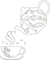 Black outlines cap and are pouring from tea pot with hand drawn floral ornament on white, vector illustration