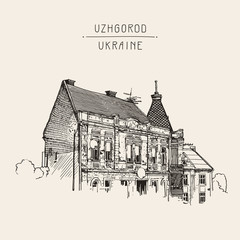  sketch of Uzhgorod cityscape, Ukraine, town landscape with hand