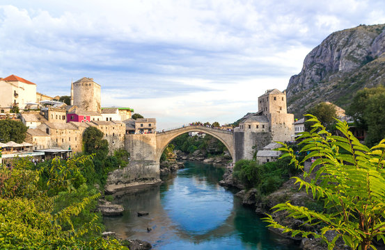 Beautiful landscape of the historic town of Mostar in the lights
