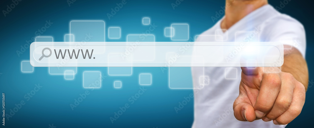 Wall mural man surfing on internet with digital tactile web address bar
