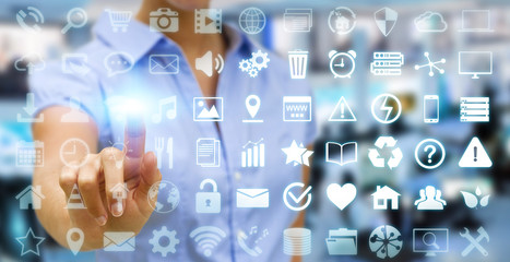 Businesswoman using digital tactile screen interface with web ic