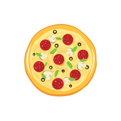 Pizza vector icon isolated on white background, flat cartoon round pizza top view