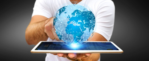 Businessman connecting different places of the world