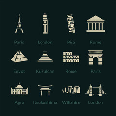 World landmarks outline icons set