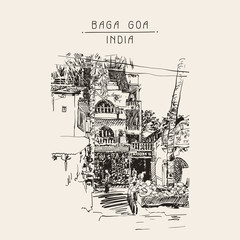 original drawing of India Goa Calangute Baga landscape street, t