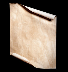 Old paper sheet isolated on black background