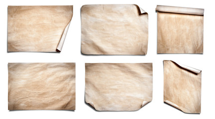 Collection of Old paper sheet isolated on white background