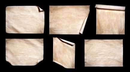Collection of Old paper sheet isolated on black background