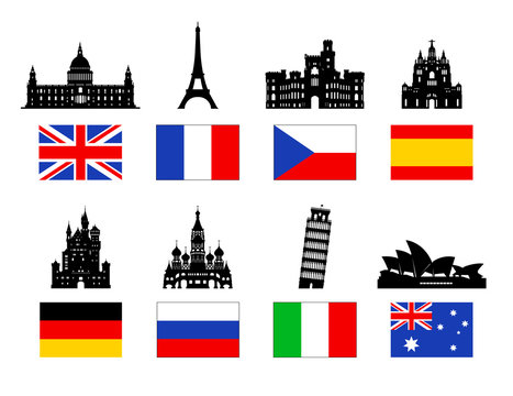 Europe Travel Landmarks icon set.