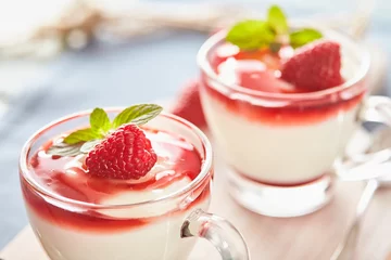 Printed kitchen splashbacks Dessert Panna cotta with rasperry and mint  topping with strawberry sauce