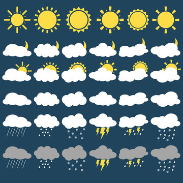 Mega pack of weather icons snow climate, sun forecast, rainy storm. Snowflake set wind moon cloud weather icons. Weather icons cloudy design sky nature temperature sunny, cold thunderstorm season.